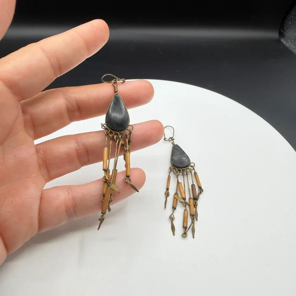 Black Teardrop Wood Bead Brass Tone Chandelier Dangle Boho Earrings Pierced Gift